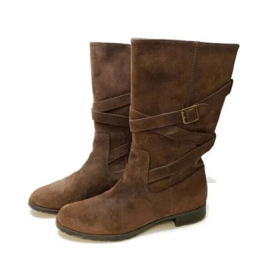 Ralph Lauren Shelby Dark Brown Suede Leather Strappy Calf Boots Womens Size 9 B